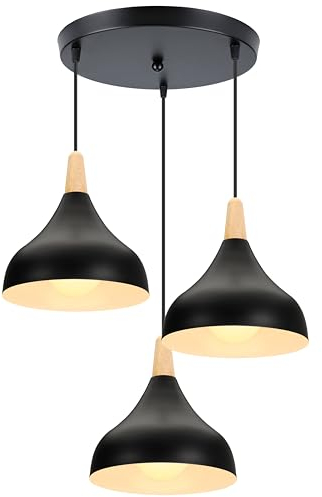 iDEGU Pendelleuchte Retro 3 Lampen, Hängeleuchte LED Deckenleuchte, modern, Tropfen-Stil, Hut, E27, Metall, Holz, Deckenlampe für Schlafzimmer, Esszimmer, Küche, Ø 20 cm (schwarz, rund)
