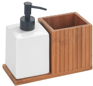 WENKO Spülmittelspender mit Utensilienhalter Mera, Spülstation aus Bambus, Mit 500 ml Seifenspender, 10 x 22 x 10 cm, Dunkelbraun