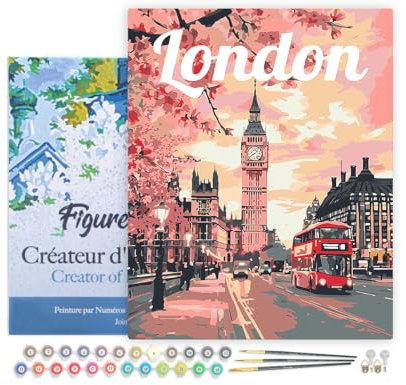Figured'Art Malen Nach Zahlen Erwachsene Mit Rahmen Reiseposter London in voller Blüte - Paint by Numbers Basteln DIY Bastelset 40x50cm - Leinwand gespannt auf Holzrahmen
