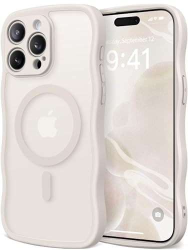 CAPRARO Cute for iPhone 15 Pro Max Case, Compatible with MagSafe | [Curly Wave Edge] [Upgraded Full Camera Protection] [14 FT Drop Protection] Magnetic Phone Case 6.7 Inch, Stone