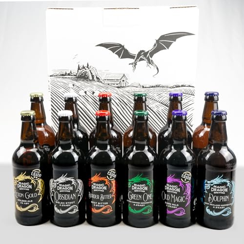 A Welsh Craft Ale Selection Box of 12, Eight different types of ale beers all are award winners - by Magic Dragon Brewing a great ale beer gift, or just a regular weekend jolly box for oneself.