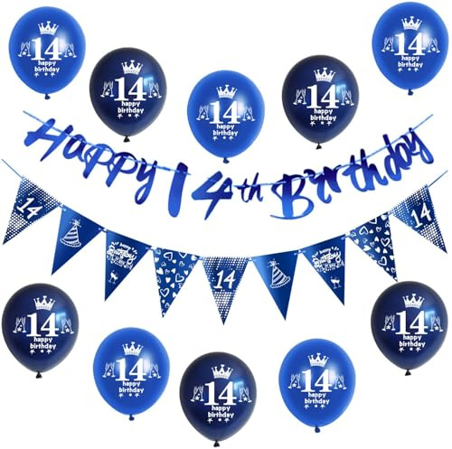 Blau Girlande Happy 14th Birthday Banner + 14 Geburtstag Dreiecksflaggen + 14 pcs 14 Geburtstag luftballons 14 deko für jungen,deko 14. jungen geburtstagsdeko 14 jahre