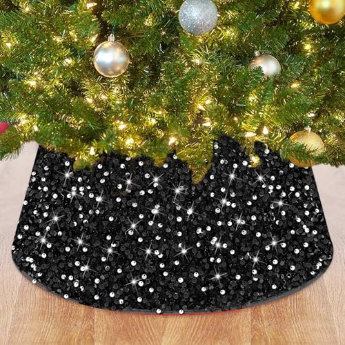 ROMANKAS Halloween Baumkragen Pailletten 71 cm Weihnachtsbaum Kragen Schwarz Glitzer Weihnachtsbaum Ring Kragen Filz Groß Weihnachtsbaum Korb Rustikaler Baumrock Kragen Xmas Party Halloween Baum Basis