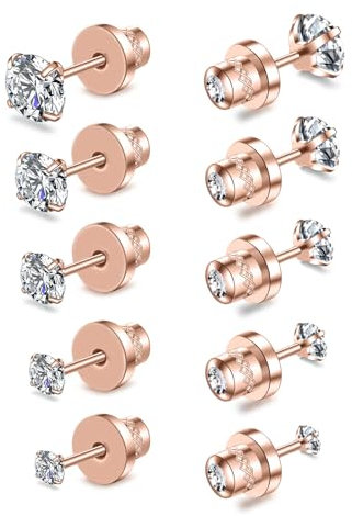 5 Pairs Stud Earrings Set,Hypoallergenic Earrings 316L Stainless Steel Double Round Cubic Zirconia Ear Ringing Jewelry for Women Men Boys & Girls 2-6mm Silver (Rose Gold 2-6mm)