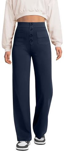 Glacspyg Weite Hose Damen Hohe Taille Sporthose Knopf Gerade Hosen mit Taschen Elastische Freizeithose Marineblau XL