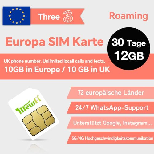 30 Tage 12GB SIM-Karte für Großbritannien & Europa ohne Roaminggebühren – UK-Nummer, unbegrenzte Anrufe & SMS, für Google, Instagram, Twitter, Whatsapp – Aktivierung erforderlich