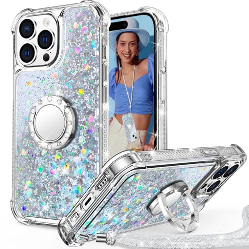 Unlicaku for iPhone 14 Pro Case with Stand, Sparkle Glitter Case with Ring and Lanyard, Women Girls Luxury Cute Bling Diamond Protective Phone Cover for iPhone 14 Pro, Clear Silver