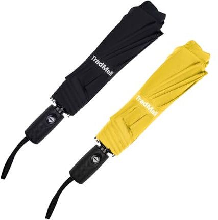 TradMall Reise-Regenschirm, winddicht, automatisch, stark, kompakt, faltbar, für Regen, doppelt belüftet, für Damen und Herren, Schwarz und Gelb, 2 Stück