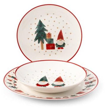 H&H, Servizio tavola 18 pezzi Tiny World, Set tavola completo, piatti natalizi, in new Bone China, decori e colori natalizi, lavabile in lavastoviglie