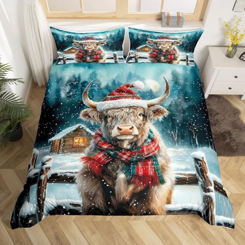Hochland Kuh Tröster Abdeckung 135x200 Winter Weihnachten Bettwäsche Set für Jungen Mädchen Erwachsene,Weihnachten Rustikale Farm Tier Bettbezug Bauernhaus Kabine Bettdecke Abdeckung Zimmer Dekor