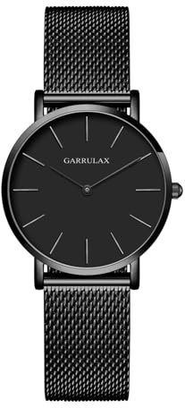 Garrulax Damen ultradünnes Gehäuse Analoge Quarzuhr Armbanduhren 36MM(Schwarz, Schwarze Oberfläche, schwarzes Armband)