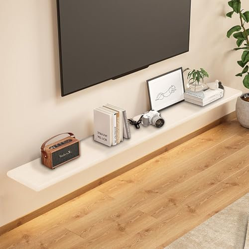 Meuble TV Suspendu Bois Massif - Meuble TV Mural avec Passe-Câbles Etagères Murales pour Console Multimédia, Divertissement, Jeux pour la Maison et Bureau,Blanc,24×100cm(10×39in)