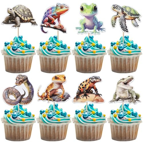 Xsstarmi 40 Packung Reptil Cupcake Toppers Frosch Schlange Eidechse Cupcake Picks für Wildlife-Serie Geburtstag Jubiläum Zubehör für Party Kuchendekorationen