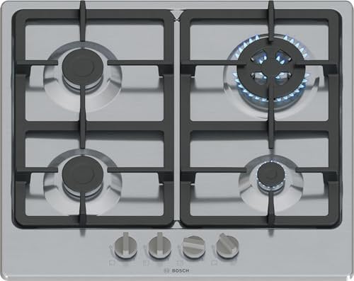 Bosch PGH6B5K90 Serie 4 placa de cocción a gas, quemador wok: potencia hasta 3,3 kW, parrillas de hierro fundido, acero, 60 cm, 3 zonas + wok, inoxidable
