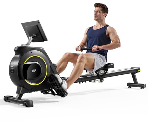 YPOO Rudergeräte, Magnetische Rudergeräte für Home Gym, 16 Stufen Widerstand Rudergerät Faltbar Leise mit Dual Slide Rail, 158.8 kg Klappbares Rudergerät mit LCD-Display Sitzkissen & App
