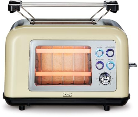 KHG Toaster TO-8000G Creme mit Sichtfenster, 2 Scheiben Toaster mit Brötchenaufsatz, 7 Bräunungsstufen Krümelfach Auftau- und Aufwärmfunktion, Abschaltautomatik 800 Watt