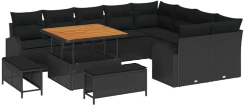 vidaXL 12-teiliges Garten-Sofa-Set mit Kissen Schwarz aus Poly-Rattan und Akazie – Gartenmöbel für Terrasse und Balkon, modulares Loungeset für entspannte Sommerabende