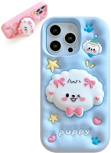 TUFTA Custodia Kawaii 3D per iPhone XR con cane (con supporto retrattile per telefono e impugnatura) Morbida cover per telefono in silicone morbido per ragazze, bambini, adolescenti e donne, blu