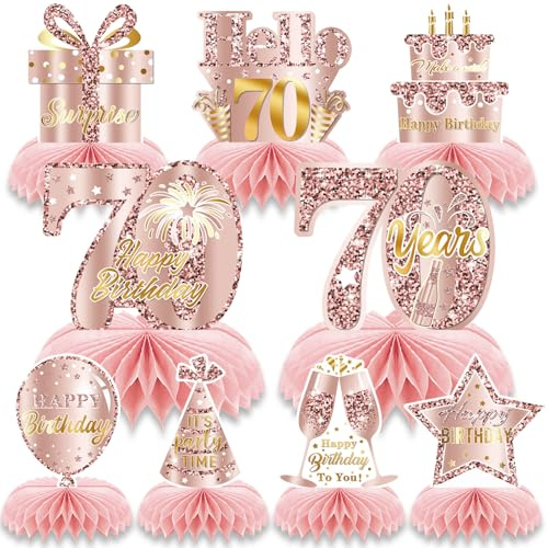 70th Birthday Honeycomb Decorations 9 Pcs Rose Gold Centerpieces Pink Table Decorations for 70th Birthday Party Happy Birthday Table Centerpieces Party Supplies for Women Girls (70th)