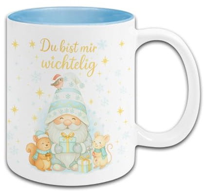 Tasse Du bist mir wichtelig mit Wichtel-Motiv – Geschenk für Freundin, Kollegin, Freund, Kollege, Schwester, Bruder – Geschenkverpackung – Handmade in Deutschland (Tasse Hellblau, Wichtel Hellblau)