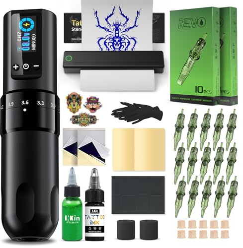 INKin Tattoo Maschine Set, Kabelloser Tätowiermaschine mit 2.2-4.2mm Hublänge und 1600mAh Batterien, Tattoo Zubehör Set Komplett mit Tattoo Drucker Bluetooth,Stencil Stuff,Tattoo Farbe und Nadeln
