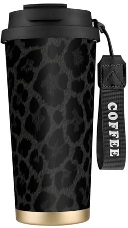 Kingmate Thermobecher 500ml mit Strohhalm & Deckel–Kaffeebecher Thermo to Go auslaufsicher, Doppelwand Isolierbecher aus Edelstahl–Thermo Kaffeebecher für Büro, Camping, Schwarzer Leoparden-Print