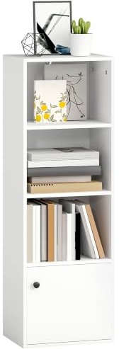 HOMCOM 4-stöckiges Bücherregal mit Tür 40x30x120 cm Weiß | Für Bücher, verstellbare Böden, modernes Bücherregal, Wohnzimmer, Schlafzimmer, Arbeitszimmer, Büro