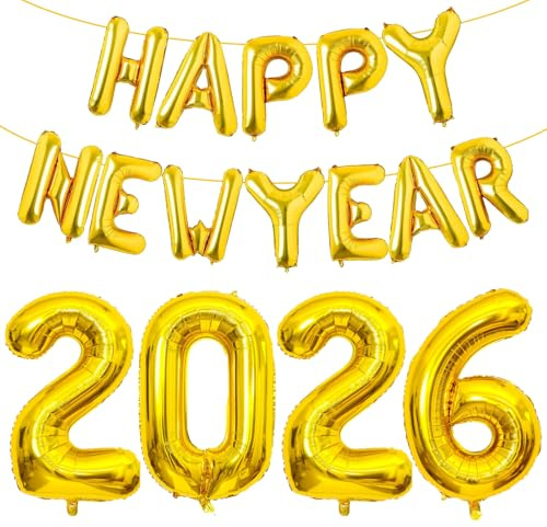Luftballons Silvester Deko 2026 Party Set, Happy New Year Deko Ballons Gold, Silvesterdeko Neujahr Deko 2026 Folienballon, Neujahr Helium Ballon für Silvester Dekoration, Silveste Party Deko Zubehör