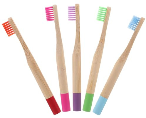 GARVALON 5 Stück Teiliges Kinderzahnbürsten Abriebbeständigen Bambus holzgriffen Weichen Bambuskohleborsten Ergonomisch Geformt Tragbar und Bequem für Gesunde Zähne und Zufällige Farbe