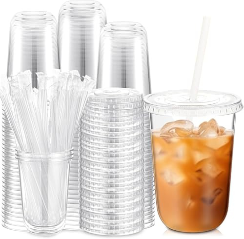 KAHEIGN 50 Pezzi Bicchieri di Plastica Trasparenti con Coperchio e Cannucce di Carta, 480ml Bicchiere da Caffè in Plastica Riutilizzabile per Freddo Caffè Frullato Frappè Freddo Bevande Festa Catering