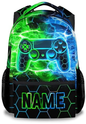 GiftoFLUX Boys Gaming Backpack with Custom Name and Game Controller Design Pattern - Large Personalised Gaming Rucksack for Kids and Teens, School Bag with Compartment Suitable for School, and Travel