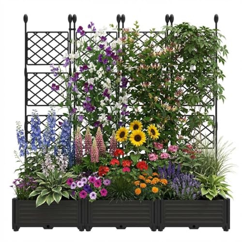 Pflanzkasten mit Rankgitter 168x160cm, Sichtschutz, 4er Set, Kunststoff | Kletterpflanzen; Metall; verstärkt; wetterfest; stabil; Rankhilfe; Terrasse; Garten; Trennwand; Outdoor; UV-beständig