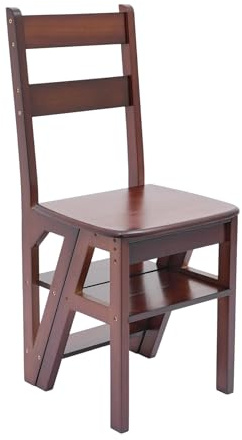 Taburete plegable 2 en 1, de madera, con 4 peldaños, hasta 100 kg, para cocina, salón, oficina (color nogal)