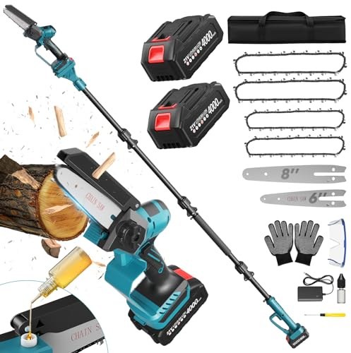 2-in-1 Mini Chainsaw & Pole Saw Combo, 6/8 Inch Cordless Electric Saw with 2 Batteries, 4-Stage Extension Pole Reaches 14ft for Tree Pruning, Lightweight Handheld Chainsaw for Garden Wood Cutting