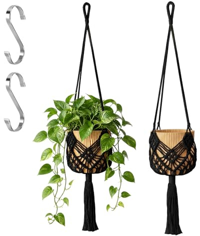NYOSLB 2Pcs Macrame Plant Hangers with 2 S Hooks, Heavy Duty Indoor Outdoor Hanging Planters Woven Cotton Rope Plant Holders for Pots up to 20cm Diameter Black