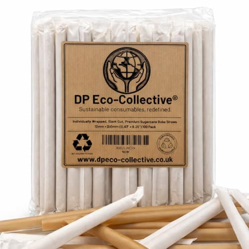 12mm Wrapped Boba Eco Straws Sugarcane Fibre | DP Eco‑Collective | 100 Pack | 12mm x 210mm individually wrapped sugarcane eco-straws for boba, bubble tea and slushies; Stronger, plant based & compostable