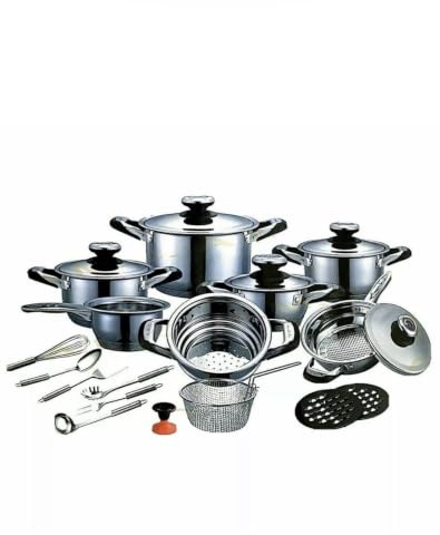 AMC Premium 25-teiliges Edelstahl Kochtopfset mit 7-lagigem Boden, Thermo-Taste, Induktionsgeeignet, Stielkasserolle und Dampfgareinsatz, Limited Edition Germany