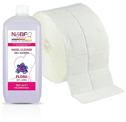 NAILS FACTORY | N&BF Nagel Cleaner Set mit Duft 500ml + 1000 Zelletten Cellulose Pads (2 Rollen à 500 Stück) - 70% Isopropanol-Alkohol – für Gelnägel – Nagelreiniger – in Studioqualität (Flora)