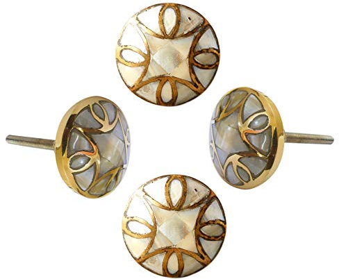 Perilla Home Juego de 4 pomos decorativos de nácar prémium para cajones – Tiradores bordados en oro vintage para gabinetes de cocina, armarios, puertas de armarios, tiradores únicos de latón