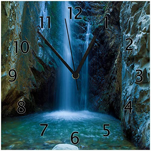Wallario Design-Wanduhr Wasserfall bei Sonneneinfall aus Glas, Motiv-Uhr Größe 30 x 30 cm, Schwarze Zeiger