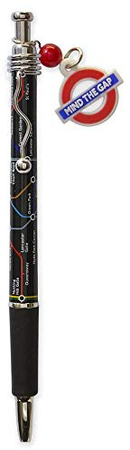 British Heritage Brands TFL5001 Official London Underground Map Pen with “Mind The Gap” Charm – Black | Licensed TFL Allover Tube Map Print Ballpoint Pen | Souvenir Gift for Students & Travelers