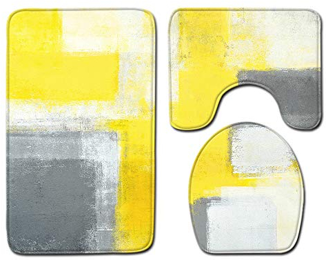 CNNINHAO rutschfeste 3 Teilig Badteppich Set, Badezimmer Teppich U-förmigen Contour Matte und WC Vorleger Badematte Soft Waschbar Badvorleger (50 x 80cm,Gelbgrau)