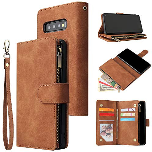 QLTYPRI Hülle für Samsung Galaxy S10 Plus, Premium Leder Handyhülle mit Große Kapazität 6 Kartenfach & 1 Reißverschluss Tasche Ständer Schutzhülle für Samsung Galaxy S10 Plus - Braun