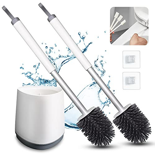 Silicone Toilet Brush and Holder : Soft Flexible Bristles | with Non-Slip Handle and Anti-Drip Base | for Bathroom Toilet Deep Cleaning, 2 Brushes 1 Holder 2 Self-adhesive Hook 3 Detail Brushes