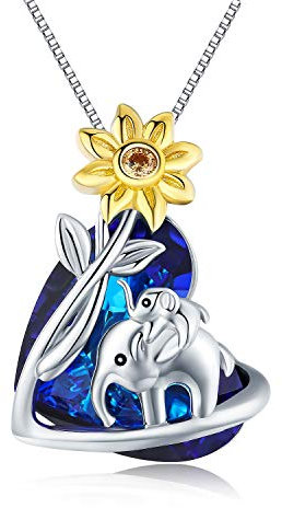 925 Sterling Silber Frauen Elefanten Anhänger Glückselefant Halskette Tieranhänger mit Kristall und Sonnenblumenhals ketten Familiendesign Elefantenschmuck Geschenke für Mama Tochter