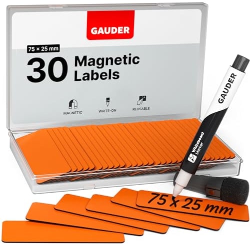 GAUDER Magnetetiketten beschreibbar - Wiederverwendbare Magnetschilder zum Beschriften für Whiteboard, Tafel, Kanban-Board und Kühlschrank - Magnetkarten mit Marker (30 Stück - 75 x 25 mm)
