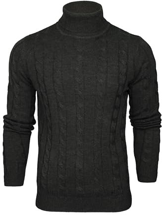 Xact Men's Roll Neck Cable Knit Jumper – Fold-Over Polo Neck Pullover Sweater, Mid-Weight Textured Knit for Smart or Casual Autumn & Winter Layering – UK Brand (Dark Charcoal Marl) L