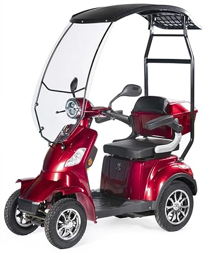 VELECO FASTER ROOF - Mobilitätsroller mit 4 Rädern – komplett montiert und fahrberereit – Dach mit Windschutzscheibe – sicher und stabil – Alarmanlage – geräumiger Stauraum - Vierrad (ROT)