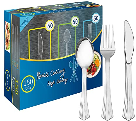 150 Couverts en Plastique Argenté Réutilisables,BPA-Freie,Passé le Test de Sécurité Alimentaire LFGB,50 Fourchettes,Couteaux,Cuillères Pour Réunions de Famille,Dîner en Plein air(Argent)