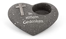 Novaliv Grabschmuck Herz Anthrazit mit Kreuz Spruch In stillem Gedenken Grabdeko Grabherz Wetterfest Grabdekoration Gedenkstein Teelichthalter Trauerstein